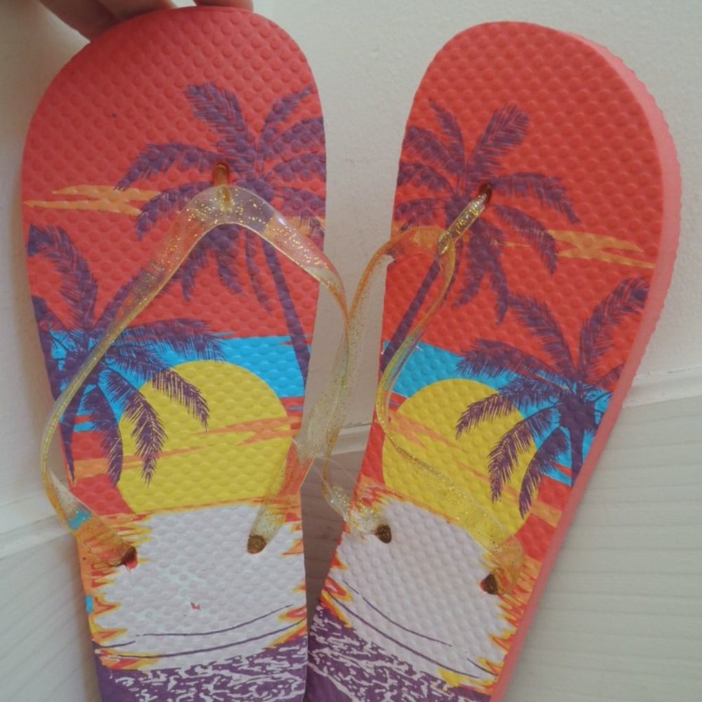 Flip Flops Size 10 L Sunset Palm Tree Theme Unisex Beach Thongs NEW